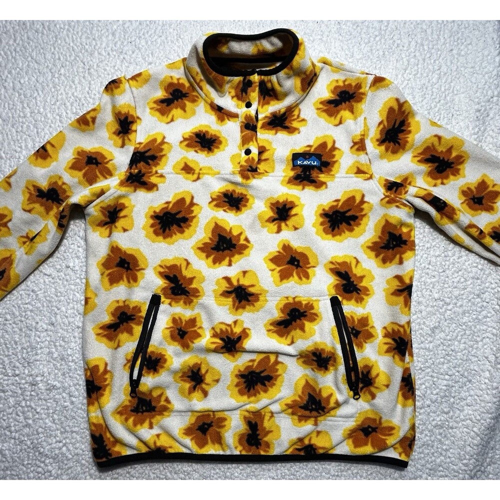 Kavu Cavanaugh Fleece Pullover Women L Yellow Sun Bloom